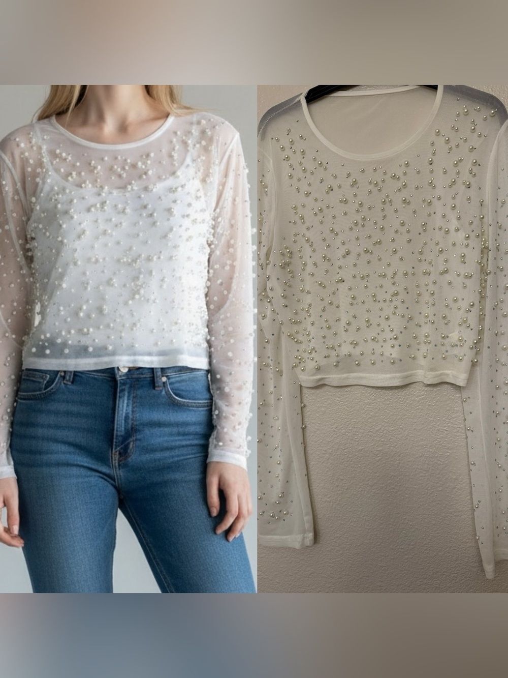 Sheer white long sleeve crew Pearl rhinestone Embellished Top blouse L